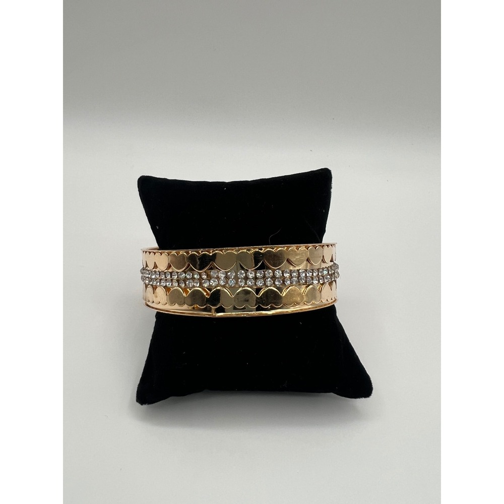 Gold Tone Rhinestone Heart Scalloped Wide Bangle Bracelet 0642
